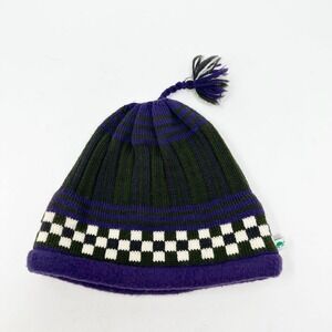 Turtle Fur Wool Fleece Lined Beanie Ski Hat with Tassel Green Purple Cream Check